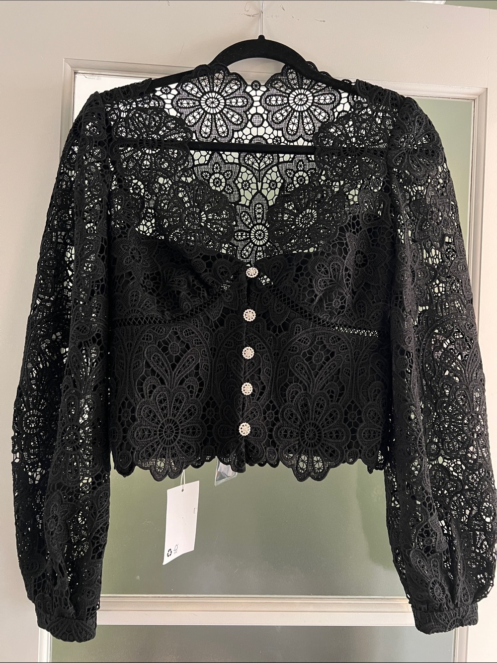 NWT Self Portrait Guipure Lace Puff Sleeve Blouse Size 4 Black